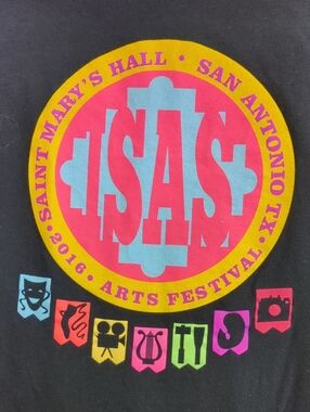 Women's Black T-shirt with Pink, Yellow and Light Blue Arts Festival Size L